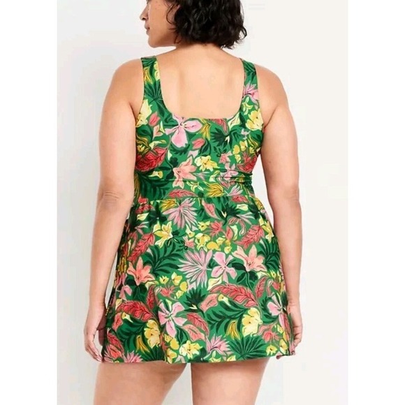NWT Old Navy Green Floral Side Tie Swim Dress Built In Briefs Padded Vacation - Picture 2 of 14